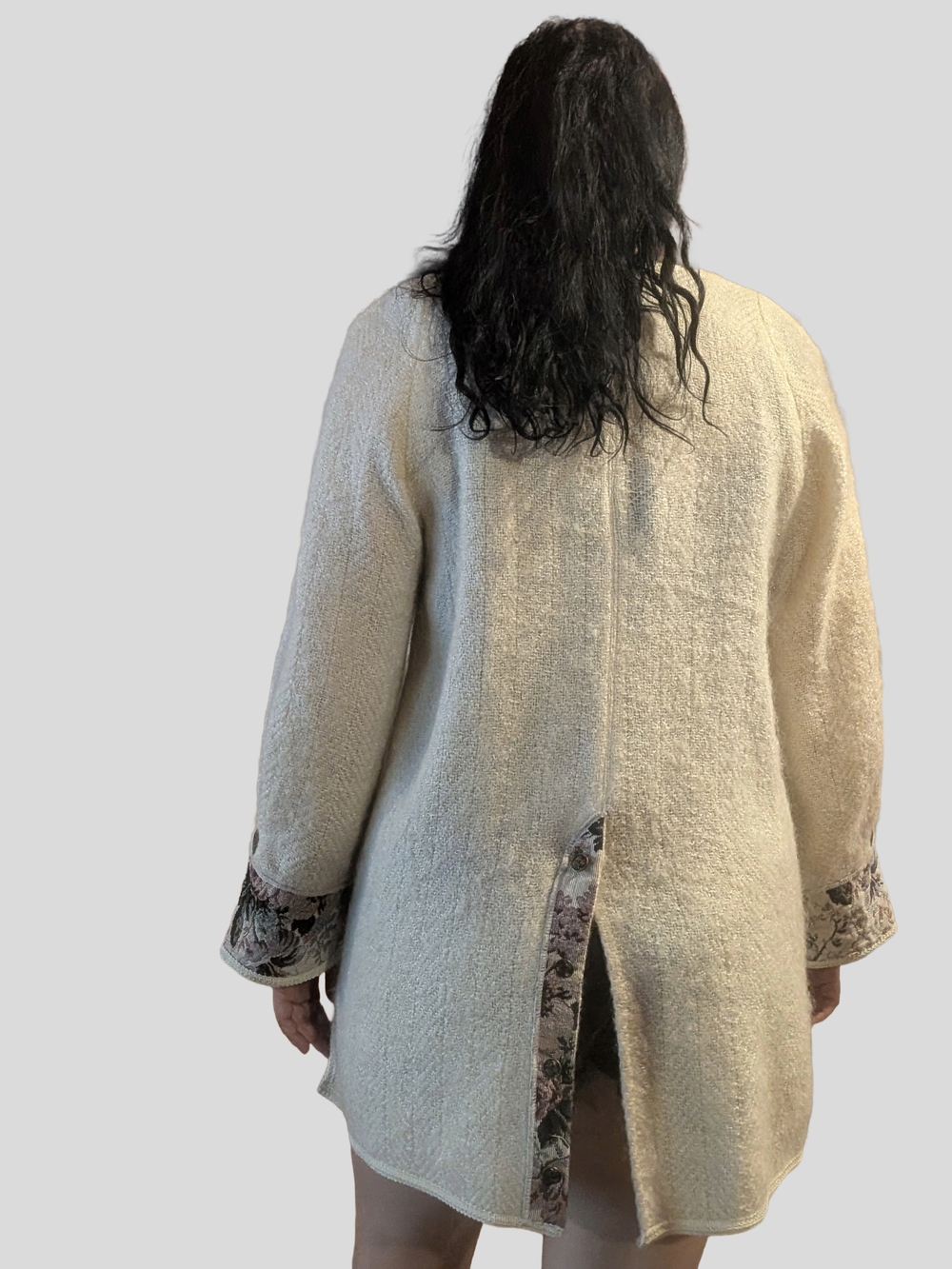 Cream Textured Open Front Women's Jacket In Wool with Floral Trim - Picture 2 of 7